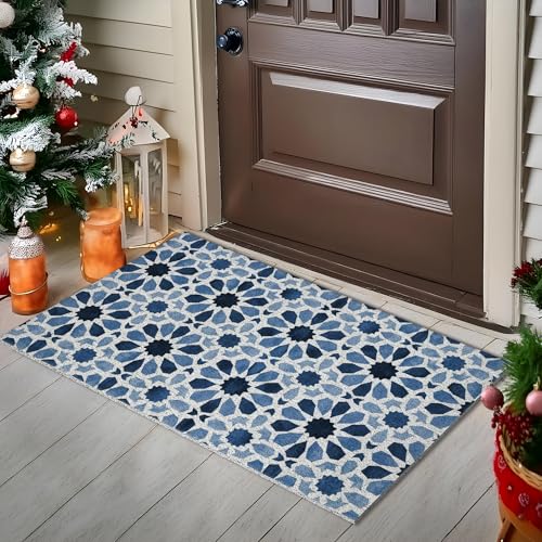 Jvpke Blue Floral Door Mat, Moroccan Tile Welcome Mat, 17x30 Inches - color: Blue Floral