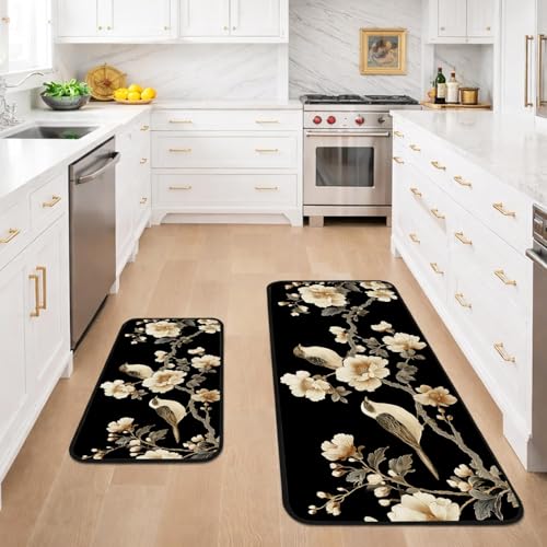 Classic Kitchen Mats for Floor, 2-Piece Non-Slip Kitchen Rugs - color: Birds and Flowers