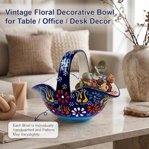 Ceramic Candy Dish, Small Fruit Basket with Handle, Key Holder, Decor Bowl - color: Cobalt Blue Embossed