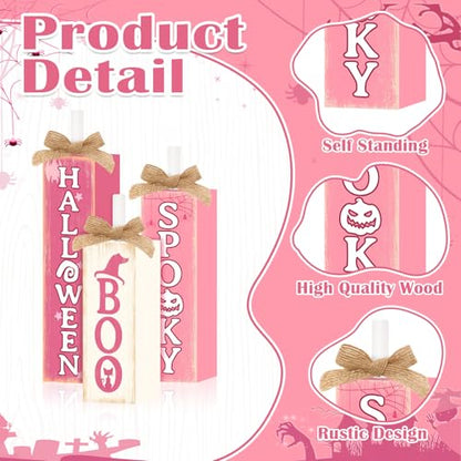 Britimes Pink Ghost Tray Decor, 3 Pack, Wooden Table Signs - style: Pink Halloween
