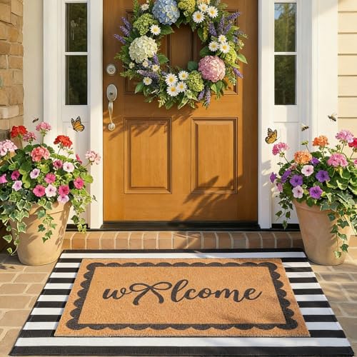 Tinideya 2 Pcs Black and White Outdoor Mat Stripe Front Door Welcome Mat - color: Black,white