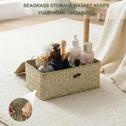 Nonam Wicker Storage Basket with Lid,Seagrass Shelf Basket Set of 3,White - color: Standard White* Set of 3