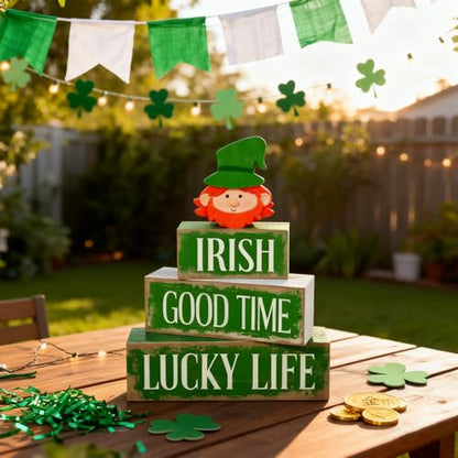 St. Patrick’s Day Decorations - St Patrick Day Irish Good Time Tiered Tray Decor Set - Wooden Leprechaun Tabletop Decoration - Rustic Farmhouse Holiday Home Decor for Indoor Shelf Mantel Coffee Table Gift - style: Irish