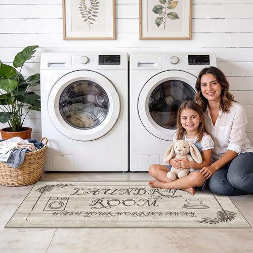 Non Slip Laundry Runner Rug: Farmhouse Laundry Rugs for Laundry Room - color: Beige Wood Tone, size: 1'8" x 4' (Rectangular)