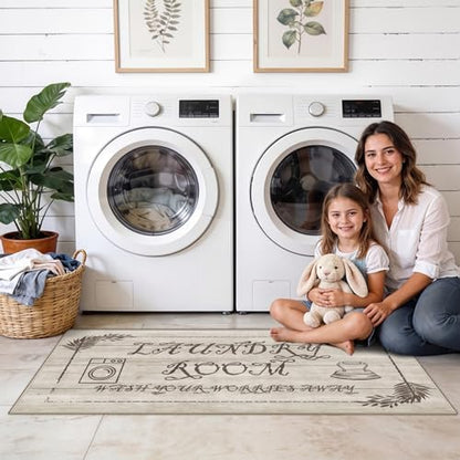 Non Slip Laundry Runner Rug: Farmhouse Laundry Rugs for Laundry Room - color: Beige Wood Tone, size: 1'8" x 4' (Rectangular)