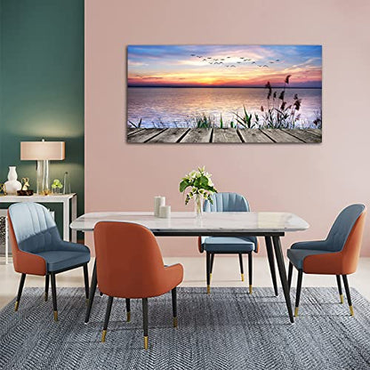 Large Lake Dock Sunset Wall Art, Flying Birds Beach Landscape, 24" x 48" - color: Sunset Lake, size: 48"L x 24"W