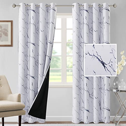 H.VERSAILTEX 100% Blackout Curtains 84 inch Length 2 Panels Set Marble Designs Printed Drapes Thermal Curtains for Bedroom with Black Liner Sound Proof Curtains, Dark Blue - color: Marble- Dark Blue, size: 52"W x 84"L (Pack of 2)