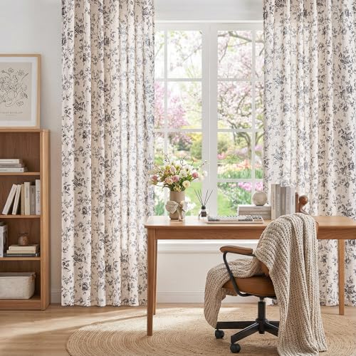 jinchan Linen Curtains 96 inch Black Floral Farmhouse Rod Pocket 2 Panels - color: Amlie Black, size: 50"W x 96"L (Pack of 2)