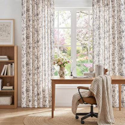 jinchan Custom Size Curtain Black Floral Linen Curtain Back Tab 1 Panel - color: Amlie Black, size: Custom