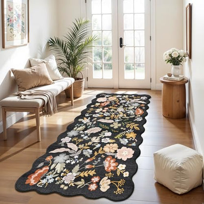 3x6 Washable Kitchen Runner Rug: Floral Scalloped Hallway Runner Rugs Black - color: Black, size: 3' x 6' (Runner)