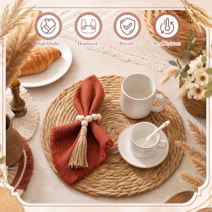 Fanfanwin Set of 6 Boho Woven Placemats with Rust Red Napkins, 13 in - color: Rust Red