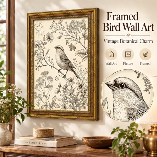 Vintage Gold Framed Canvas Wall Art 9×11 Inch Bird Floral Sketch Picture Poster Neutral Wall Decor for Bedroom Farmhouse Indoor Home Decoration - color: Bird, size: 11"L x 9"W