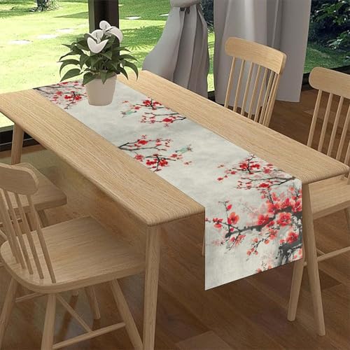 Cherry Blossom Table Runner, Rustic Red Flower Watercolor Japanese Spring Boho Kitchen Dining Table Center Decor for Family Kitchen Table Decorations Indoor Outdoor 13x36 inch - color: Cherry Blossom-3, size: 13x36" Table Runner