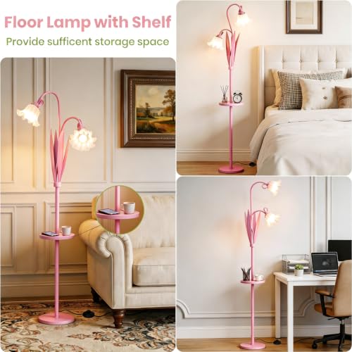 Pink Flower Floor Lamp with Table, Adjustable Floral Standing Lamp for Girl - color: Peach Pink
