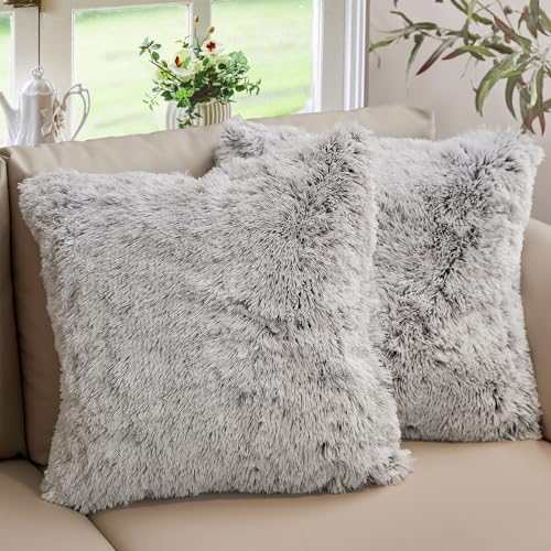 Cheer Collection Throw Pillows for Couch and Bed, Soft Shaggy Throw Pillows with Inserts Included, Cozy Long Hair Faux Fur Pillows - Set of 2-20" x 20" - Gray - color: Gray Ombre, size: 20" x 20"