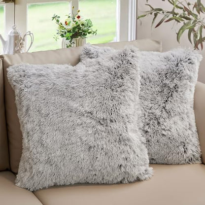 Cheer Collection Throw Pillows for Couch and Bed, Soft Shaggy Throw Pillows with Inserts Included, Cozy Long Hair Faux Fur Pillows - Set of 2-20" x 20" - Gray - color: Gray Ombre, size: 20" x 20"