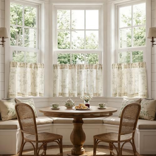 jinchan Floral Linen Kitchen Tier Curtains, 24 Inch, 2 Panels, Green - color: Alisa Green, size: 26"W x 24"L (Pack of 2)