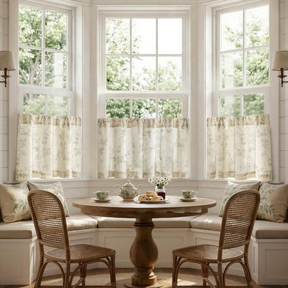 jinchan Floral Linen Kitchen Tier Curtains, 24 Inch, 2 Panels, Green - color: Alisa Green, size: 26"W x 24"L (Pack of 2)