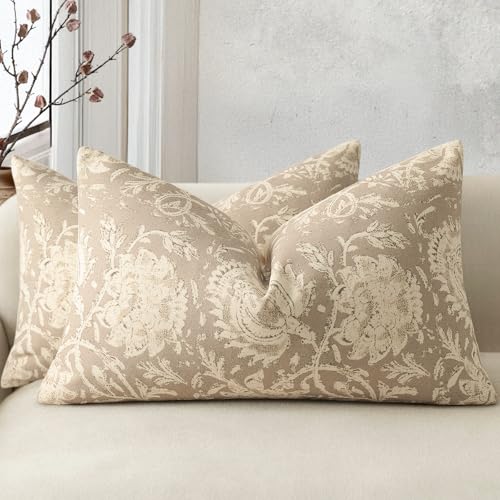 Vintage Floral Print Throw Pillow Covers 12x20 Set of 2 Neutral Modern Farmhouse Pillowcases Accent Decorative Cushion Covers Boho Home Decor for Couch Sofa Chair Bed Living Room, Latte - color: Latte, size: 20" x 12" (Pack of 2)