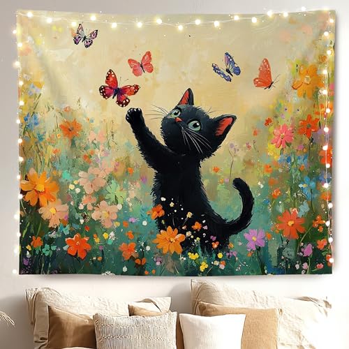MKYFHSVGD Black Cat Wildflower Tapestry Wall Hanging, Funny Cute Black Cat Catches Butterfly Floral Wall Tapestry for Kids Girls Room Home Bedroom Office Decorations, 50x60 Inch - color: Black Cat