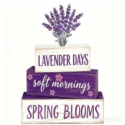Spring Decoration Wooden Tiered Tray Decor – Rustic Lavender Days Stacked Block Sign with Lavender Flower Topper – Farmhouse Tabletop Spring Decor for Living Room Shelf Kitchen Coffee Bar Seasonal Home Display - style: Lavender