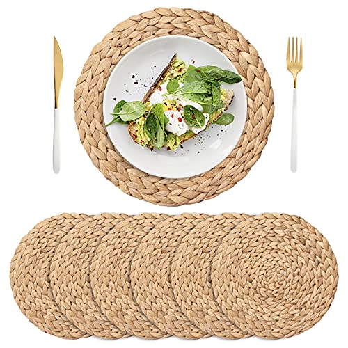 6 Pack 11.8" Woven Placemats, Natural Hand-Woven Water Hyacinth Placemats, Round Braided Rattan Tablemats for Dining Table, Large Weave Round Place Mats Heat Resistant Non-Slip Table Mats, 11.8 Inch - size: 11.8 inch (30cm)