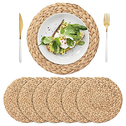 6 Pack 11.8" Woven Placemats, Natural Hand-Woven Water Hyacinth Placemats, Round Braided Rattan Tablemats for Dining Table, Large Weave Round Place Mats Heat Resistant Non-Slip Table Mats, 11.8 Inch - size: 11.8 inch (30cm)