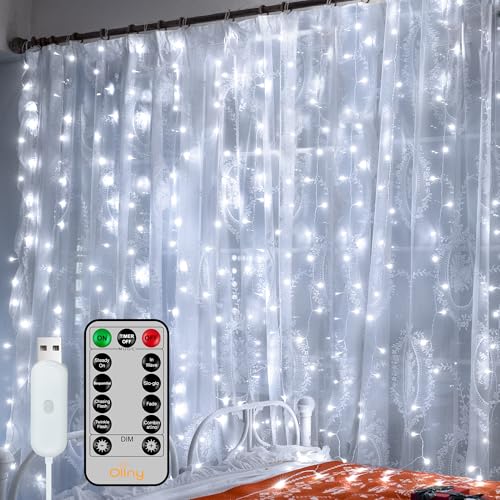 Ollny Curtain Lights 6.6x6.6ft, 200 LED White Christmas Lights with Remote - color: Cool White, size: 200 LED