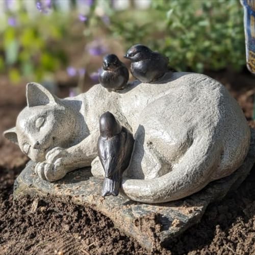 Sleeping Cat Garden Statues Outdoor - 12" Sparrows On Cat Figurine Memorial Statue Grave Markers Garden Resin Statues for Outdoor Decor Outdoor Statue Resin 12" x 8" x 4.5"