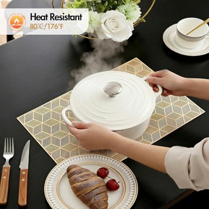 Quantum Love Geometric Gold PVC Placemats Set of 6 Heat Resistant Non-Slip Washable Dinning Kitchen Table Mats, Wipeable Square Cube Place Mats for Party Events Restaurant Wedding Home - color: Gold Cube