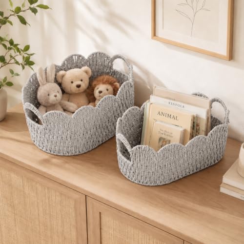 Endymion Set of 2 Paper Rope Scalloped Basket, Wicker Storage Baskets - color: Grey