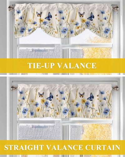 Butter-fly Leaves Tie Up Valance Curtain for Kitchen Living Room Bedroom Bathroom Cafe,Rod Pocket Short Window Drape Panel Adjustable Drapary Print,Elegant Fall Yellow Blue Yellow Daisy Beige 42"x12" - size: 42"W x 12"L (Pack of 1)