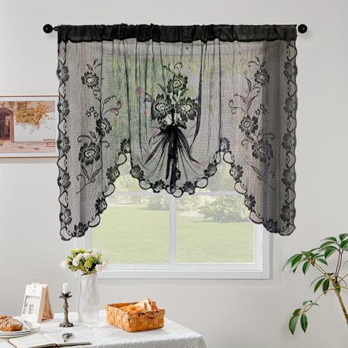 2pcs Black Floral Embroidery Sheer Lace Curtain Valance - color: Black, size: 39"W x 39"L (Pack of 2)