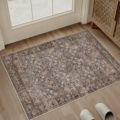 HUGEAR 5.1x7.6cm(2x3인치) 브라운 블루 빈티지 꽃무늬 세탁 가능한 부분 러그 - color: 플로럴 | 브라운/블루, size: 2피트 x 3피트