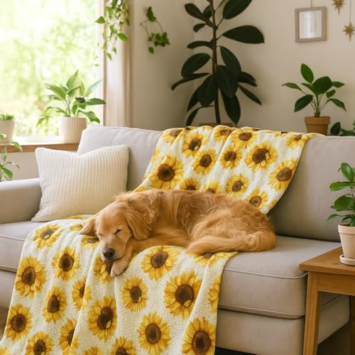 Serafina Home Summer Sunflower Throw Blanket: Beautiful Fleece Flowers with Yellow Brown White Accents, 50" x 60", for Couch, Bed, Travel - color: Sunflower