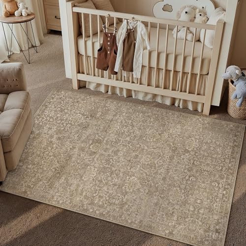 HUGEAR 4x6 Light Brown Vintage Floral Washable Area Rug for Entryway - color: Light Brown, size: 4' x 6' (Rectangular)