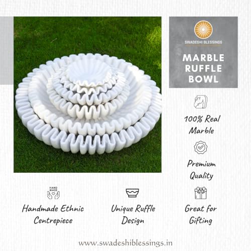 SWADESHI BLESSINGS Handcrafted Large Marble Ruffle Bowl for Home Decor, 10" - size: 10 Inches