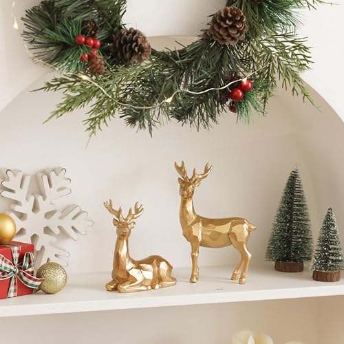 Golden Reindeer Christmas Figurines Set of 2, Resin Golden Tabletop Christmas Reindeer, Metallic Gold Reindeer Decor for Holiday Tabletop, Mantel, and Shelf Elegant Deer Christmas Decor - color: Christmas Reindeer