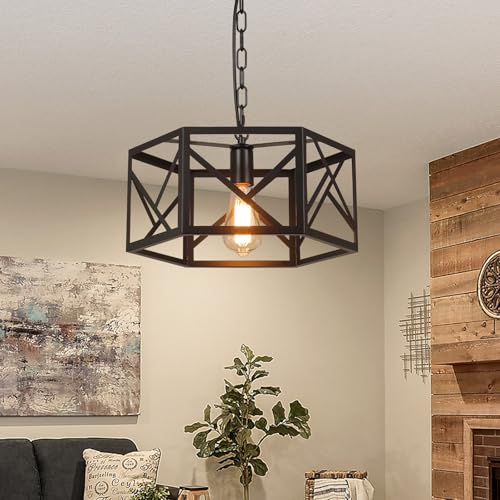 Rustic Farmhouse Metal Pendant Light Fixture One-Light Adjustable Chain 14.5 inch Modern Industrial Metal Cage Hexagon Pendant Lighting for Kitchen Island Dining Room Farmhouse Entry Home, Black - size: Medium pendant light