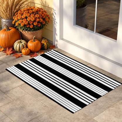 LEEVAN 2'X3' Black and White Striped Woven Cotton Reversible Outdoor Rug - color: Black Strip, size: 2' x 3'