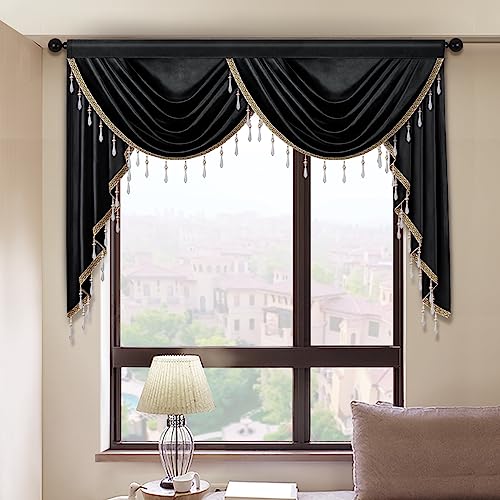 ELKCA Luxury Black Velvet Curtain Valances for Living Room with Beads(59inch,1 Panel) - color: Black, size: 59"W x 43"L (Pack of 1)