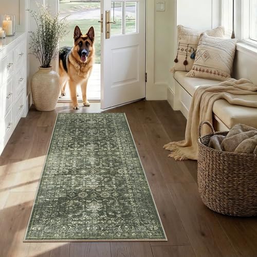 2x5 Washable Kitchen Runner Rug Non-Slip Boho Dark Green Throw Carpet - color: Dark Green, size: 2' x 5' (Runner)