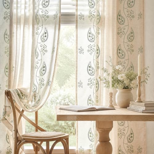 jinchan Linen Curtains 96 Inch Sage Floral Drapes Back Tab 2 Panels Set - color: Sage on Beige, size: 50"W x 96"L (Pack of 2)