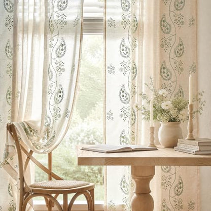 jinchan Linen Curtains 96 Inch Sage Floral Drapes Back Tab 2 Panels Set - color: Sage on Beige, size: 50"W x 96"L (Pack of 2)