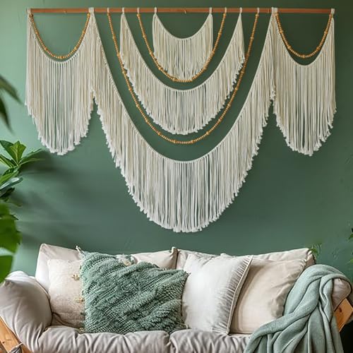 Macrame Wall Hanging Boho Yarn Art Tassel Beaded Handmade Decor 57"W*41"L - color: White