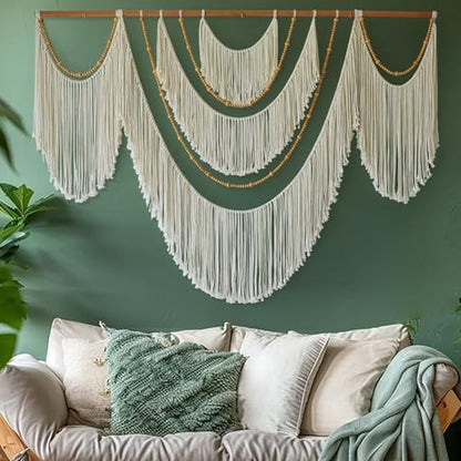 Macrame Wall Hanging Boho Yarn Art Tassel Beaded Handmade Decor 57"W*41"L - color: White