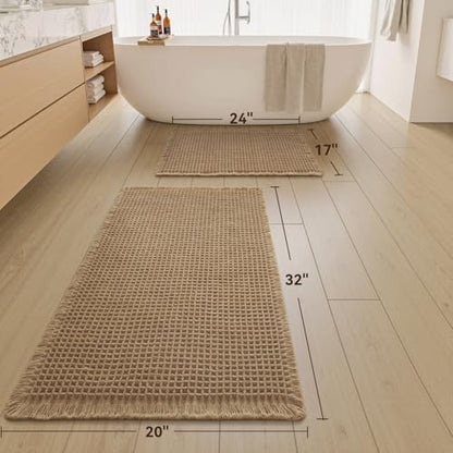 Upgraded Waffle Bath Mat Set of 2 Absorbent Bathroom Mat 17"x24" + 20"x32" - color: Brown, size: 17" x 24" + 20" x 32"