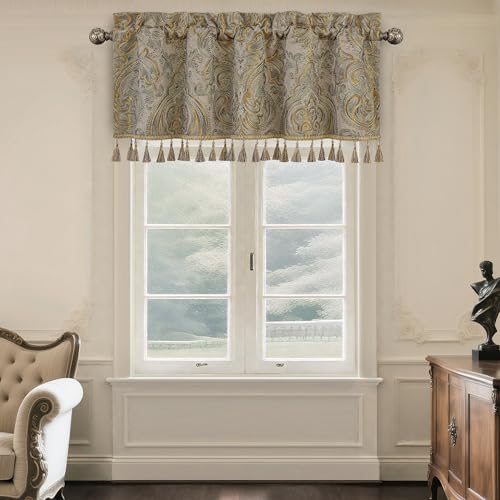 Loom and Mill European Jacquard Valances for Windows Antique Style, 54"x18" - color: Taupe+gold
