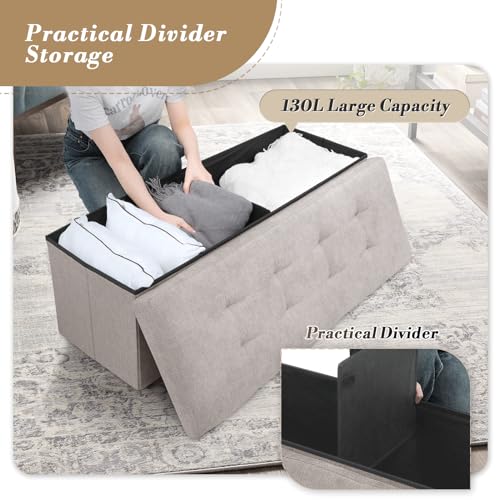 Athena Collection 43" Storage Ottoman Bench Folding Bench with 130L Hidden Storage, Large End of Bed Bench Linen Foot Rest Stool Chest with Flipping Lid for Living Room Bedroom Entryway, Sandy Beige - color: Sandy Beige, style: 43" Linen