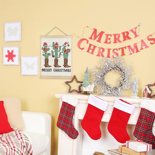 Western Christmas Wall Decor, Christmas Red Bow Cactus Cowboy Boots Wall Art With Wooden Poster Hanger, Christmas Wall Decoration, Western Christmas Wall Art Decor for Home Office, 12x16 Inch - color: Western Christmas cactus, size: 12x16